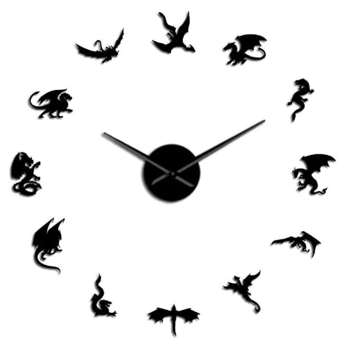 Image of Dragon Wall Art DIY Wall Clock Medieval Mythical Dragon Silent Large Wall Clock Decoration(Black,37inch)