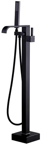 SnamicE Shower Set Shower System, Waterfall Spout Freestanding Bathtub Faucet Tub Filler Black Floor Mount Bathroom Tub Taps Brass Single Handle with Hand Shower Shower Set,Black,Black