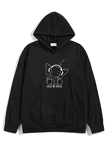Unisex Black Hoodie with White Print: HIGH ON Music-Elephant/Printed Black Hoodie/Graphic Printed Hoodie/Hoodie for Men & Women/Warm Hoodie/Unisex Hoodie