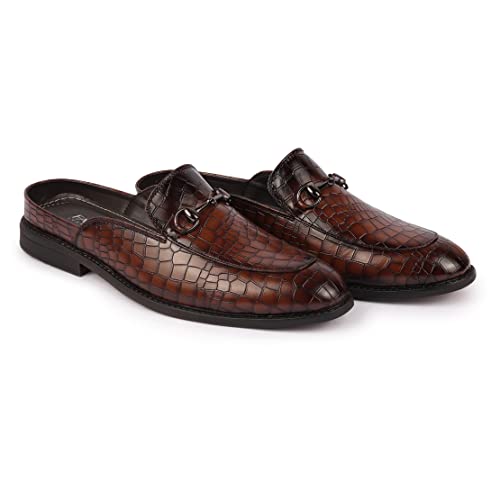FAUSTO Men Embossed Leopard Print Design with Horsebit Buckle Ethnic Party Back Open Slip On Mules Shoes