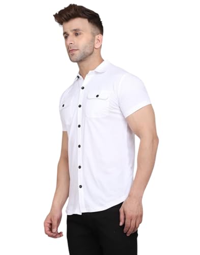 Image of Men's Half Sleeve Shirt - Spread Collar Casual Shirt with Double Flap Pockets - Slim Fit Cotton Blend Button-Down
