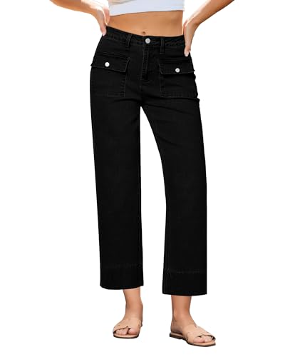 GRAPENT Wide Leg Jeans for Women Trendy High Waisted Straight Leg Cropped Stretchy Denim Pants with Retro Patch Pockets