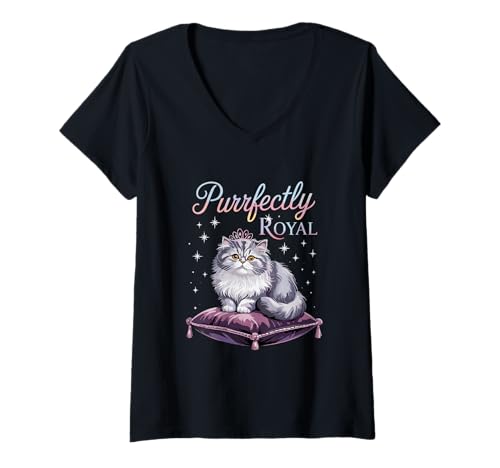 Mujer Purrfectly Royal Cat sentado en cojín Camiseta Cuello V