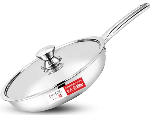Image of ENSIS Triply Stainless Steel Frying Pan with Lid 22cm 1.25L | Heavy Bottom Skillet for Indian Kitchen | 304 Food Grade Toxin Free | Induction & Gas Friendly | 5 Year Warranty by PNB Kitchenmate