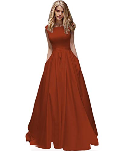 Long Satin Cap Sleeve Prom Dresses A-line Evening Ball Gown with Pockets for Juniors Burnt Orange