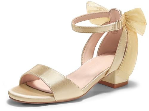 Image of Coutgo Girls Dress Shoes Sandals Chunky Low Heels Bow Ankle Strap Flower Girl Wedding Party Shoes