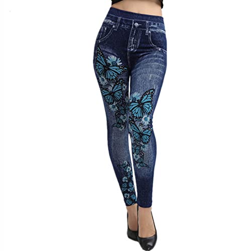 Women's Classic Denim Pants Butterfly Print High Waisted Denim Legging Slim Fit Stretch Skinny Jeans Pants