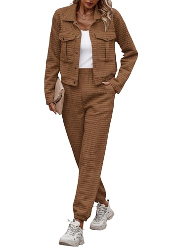 Image of PRETTYGARDEN Womens Two Piece Sets Fall 2026 Long Sleeve Button Down Shacket Jacket Long Sweatpants Tracksuit Winter Clothes