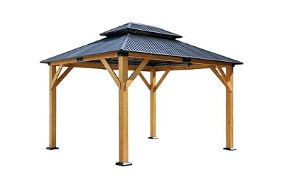 Fir Wood Carport Pavilion Gazebo, Wooden Coated Steel Frame Canopy with Steel Double Roof, Outdoor Permanent Metal Pavilion with Netting for Patio,Shipping Within The US