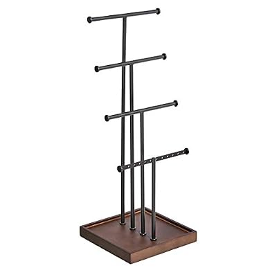 Amazon Basics Four-Tier Jewelry Organizer Tree Stand, Necklace Earring Bracelet Holder with Ring Storage, Walnut/Black