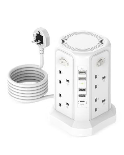 13 IN 1 Tower Extension Lead 3M, 4 USB +1C Slot Extension Lead Surge Protected 8 Way Outlets, 3250W Extension Cords Overload Protection, Power Extension Tower for PC/Phone/Laptop/Speaker/TV