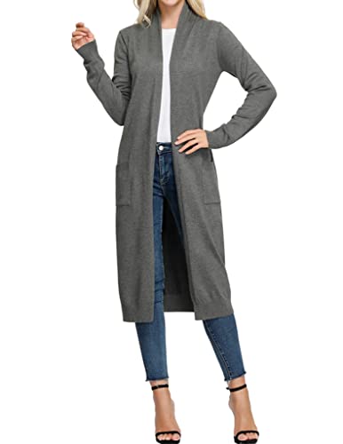 Women's Long Sleeve Open Front Long Maxi Cardigan Longline Duster Coat with Pocket(XL,Dark Grey)