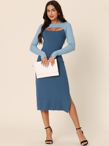 Image of Seta T Women's Long Sleeve Crew Neck Stretch Slim Cutout Color Block Ribbed Knit Bodycon Midi Sweater Dress