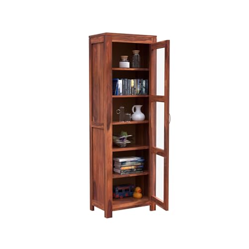 Image of Krishna Wood Decor Solid Sheesham Wooden Crockery Cabinet with Six Shelves | Display Cabinet with Acrylic Glass Door | Wooden Bookcase | Storage Rack for Living Room & Home | Honey Finish