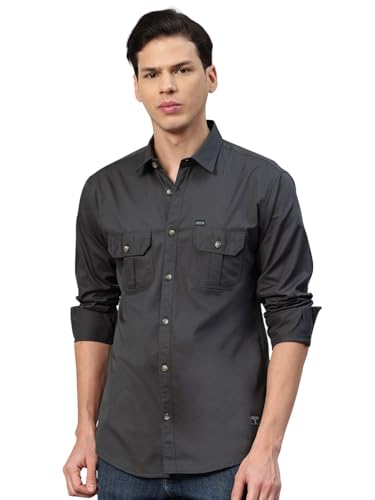 Image of Majestic Man Men's Washed Cotton Twill Casual Shirt -| with Dual Flap Pockets - Slim Fit | Full Sleeve | Casual Wear | Trendy & Comfortable
