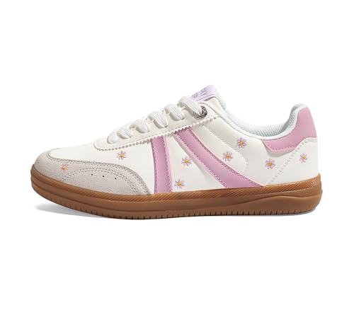 LUCKY STEP Women Classic Retro Tennis Sneakers Fashion Gum Sole Skate Casual Walking Shoe Anti Slip Floral Embroidery Comfortable Trainers