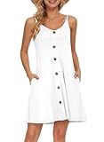 Vestidos de verano para mujer, vacaciones, sin mangas, con botones, para primavera, sol, casual, cuello en V, talla grande, dobladillo con volantes, blanco, L