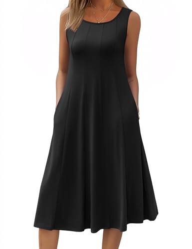 HOTOUCH Summer Casual Dresses for Women Sleeveless Midi Dress Swing Tank Sundress Pleated Tshirt Dress with Pockets