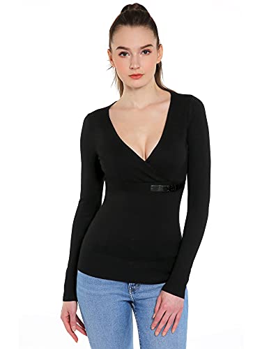 AmélieBoutik Suéter de manga larga con cuello en V para mujer, Negro, Medium Cover