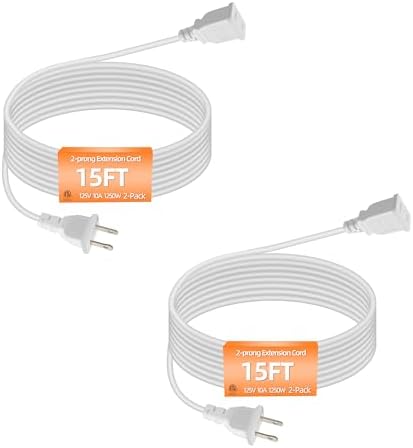 15FT White Flat Extension Cord Two Prong Polarized Light-Duty Power Cable, 125V 5A 625W for Indoor/Home Use, Slim Design for Christmas Lights, Halloween Decor, Lamps & Small Appliances (2 Pack)