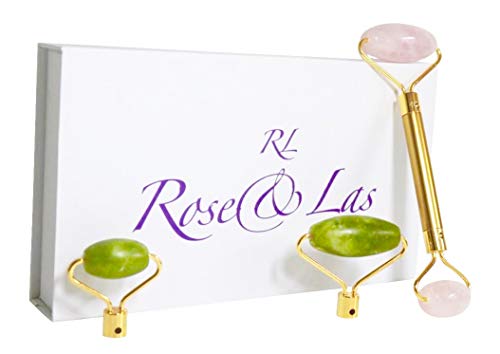 Premium 4-in-1 Jade Roller 100% Himalayan Real Nature Jade Stone for Face Eye Neck Skin - Anti aging Facial Massager Tool - Extra jade Head Set - Rose Quartz Beauty Roller - Reduce Puffiness,Wrinkles