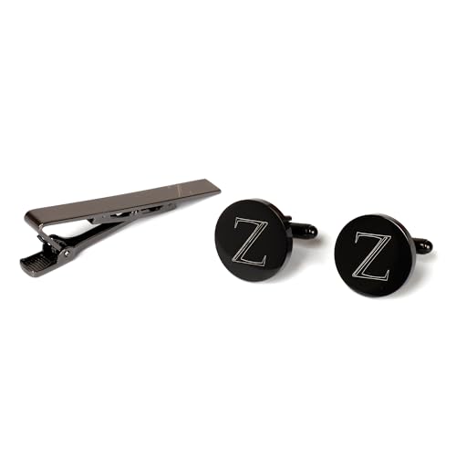 Image of Mens Initial Cufflinks and Tie Clip A-Z Alphabet Letter Black Stainless Cuff Links Tie Bar with Engraved Walnut Wood Box Groom Groomsman Wedding Set