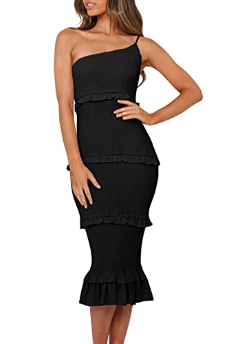 Image of PRETTYGARDEN Women's Summer Midi Bodycon Dresses One Shoulder Strappy Tiered Ruffle Floral Boho Sun Dress