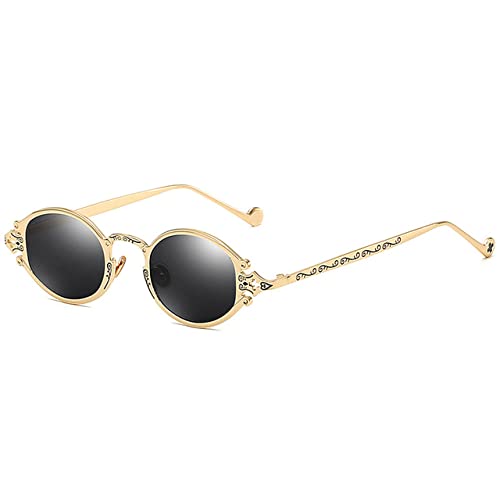 Lunettes de soleil UV400 steampunk retro monture ovale sculptée métal noir et or