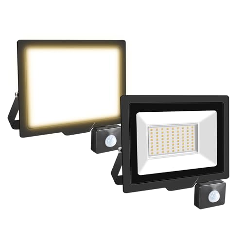 Willpower 2pcs Foco LED Exterior 50W Proyector LED con Detector de Movimiento Impermeable IP66 LuzLED Exterior 3500K Bianco Caldo Luz de Inundación Seguridad para Garaje Patio Jardín Terraza Parque