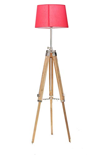 Tripod Floor Lamp with Wooden Stand and Shade and Wiring and Bulb (Natural Color)