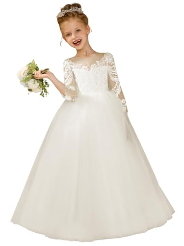 Flower Girl Dresses for Wedding Puffy Tulle Princess Pageant Dress with Bow-Knot Lace Applique Formal Ball Gonws