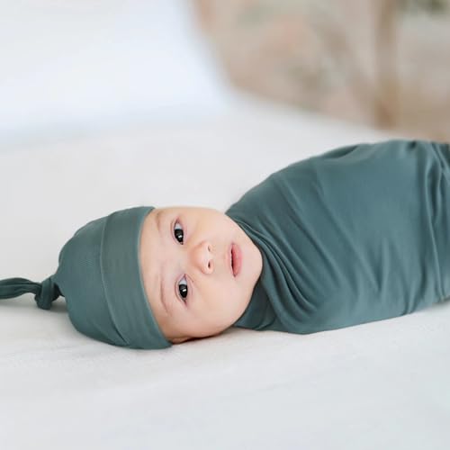 Image of GRSSDER Newborn Swaddle Blanket, Ultra Soft Jersey Receiving Blanket with Matching Headband and Beanie Set 33x44 inch, Stretchy Baby Neutral Swaddle Wrap for Girls and Boys