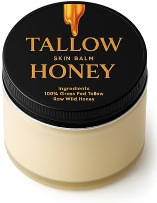 Tallow Honey Moisturizer | Only 2 Ingredients: 100% Grass-Fed Tallow + Raw Wild Honey | Handmade in USA | Unscented Face & Body Balm – 2 oz