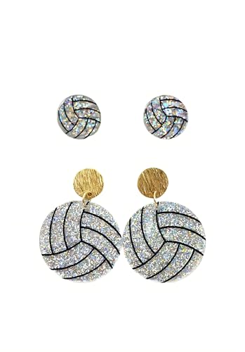 2PC Super Bowl earrings Glittering Game Day Sports Ball Stud Earrings Set Metal Sequin Pendant Acrylic Earrings Football Soccer Basketball Baseball Volleyball