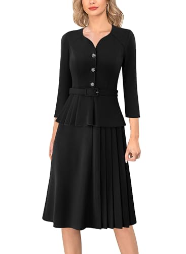 VFSHOW Womens 2024 Office Business Work Sweetheart Neckline Buttons Belted Peplum Pleated A-line Fit and Flare Dress