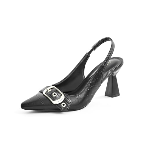 Image of Slingback Kitten Heels for Women Closed Pointed Toe Pumps Dress Shoes with Buckle Strap Comfortable Slip On Sandal Heels for Work Party Wedding