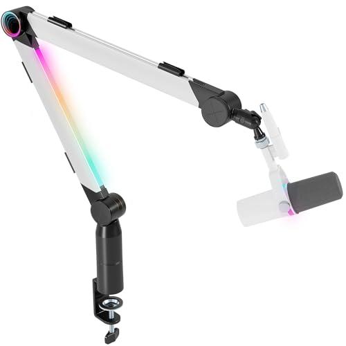 ARES WING Aluminum Microphone Boom Arm with RGB Light and Volume Control, Adjustable Mic Arm Desk Mount with 3/8” to 5/8” Screw Adapter, Suspension Scissor Mic Stand for Gaming Streaming Podcasting