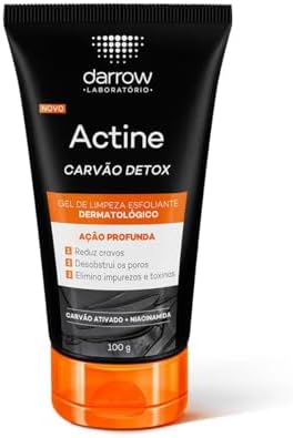Tubo de 100g do Gel de Limpeza Esfoliante Darrow Actine Carvão Detox em embalagem preta e laranja.
