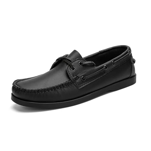 Men's Genuine Leather 2 Eye Flat Penny Loafers Oxford Breathable Slip On Closed Round Wide Toe Soft Sole Light Weight Boat Shoes Comfortable and Non-Slip Casual Driving Walking Shoes - Main Image