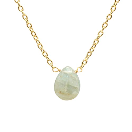Gempires Natural Aquamarine Faceted Pear Pendant Necklace, March Birthstone Jewelry, 9 x 13 mm Pear With 14k Yellow Gold Plated 16 + 2 Inch Adjustable Chain (aquamarine)