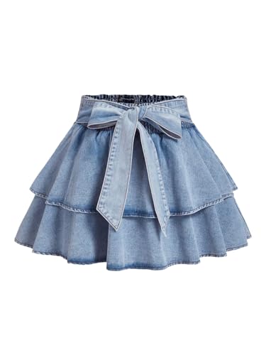 BEAUDRM Women's Plus Size Denim Mini Skirt Y2k Bow Tie Knot Ruffle Tiered Short Jean Skirts Light Wash X-Large Plus