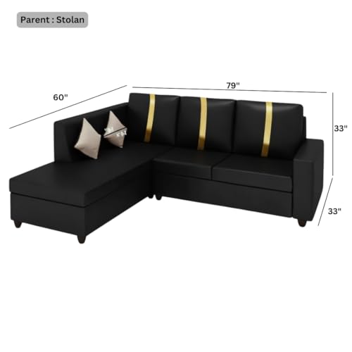 Image of FURNY Nathanoy 4 Seater Leatherette LHS L Shape Sofa Set (Black) Premium Finish | Ideal for Living Rooms