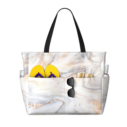 Sac de plage imprimé marbre jaune - Grand sac fourre-tout et cabas de plage pour femme