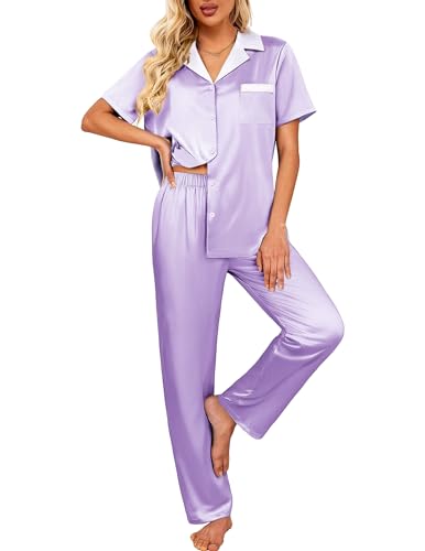 Image of Ekouaer Satin Pajamas Set for Women Silk Button Down Sleepwear Short Sleeve Loungewear 2 Pieces Nightwear