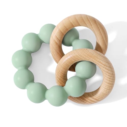 Image of Socub Baby Teething Toys for 0-6 6-12 Months- BPA-Free Food-Grade Silicone & Natural Beech Wood Teether Ring for Newborn Infants Teething Relief- Easy-Grip Sensory Rattle Toys(Cambridge Blue)