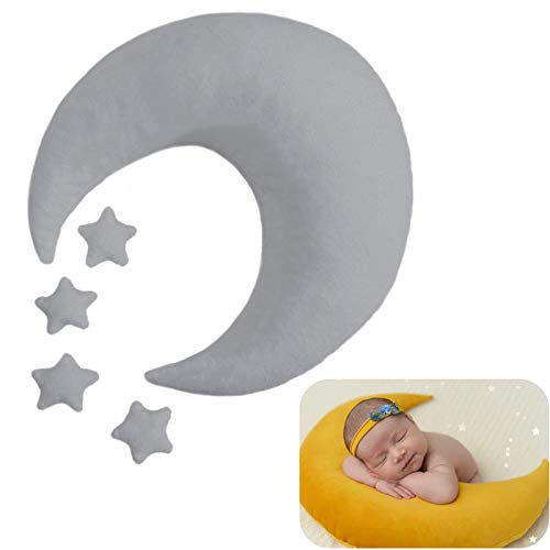 1+4pcs Newborn Baby Photography Prop Backdrop Crescent Moon Star Plush Pillow Set Baby Photography Posing Bean for Infant Boy Girl Baby Picture Prop
