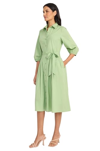 Image of Maggy London Women's Women's Button Down Collared Midi Dress with Pockets - 3 /4 Balloon Sleeve - A-line Shirtdress