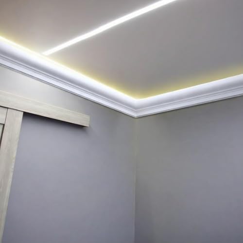 Image of Pushglossy 6 Pcs 70.87 inch(Total 35.4ft) Ceiling Crown Molding with LED Duct Kit for Seamless Ambient Accent Lighting Waterproof Channel for Easy LED Trim Moulding Strip Installation