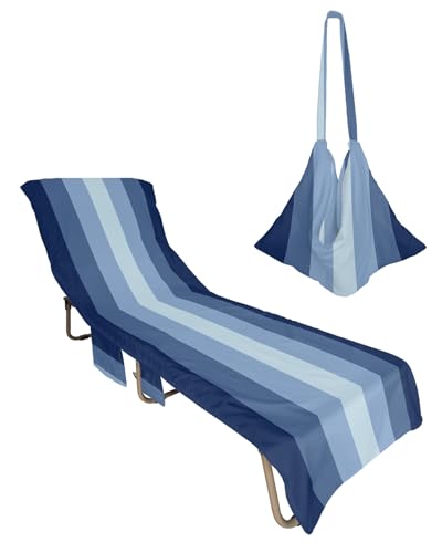 Navy Blue Stripes Beach Chair Towel Covers for Chaise Lounge with Side Pocket, Soft Plush Pool Towels Cover for Patio Sunbathing Outdoor 29''x85'' Gradient Modern Minimalist Geometric
