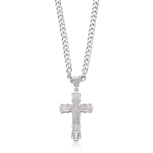 Rhinestones Cuban Link Chain Necklace with CZ Cross Pendant, 20inch Diamond Cuban Link Hip Hop Rapper Jewelry for Men and Women